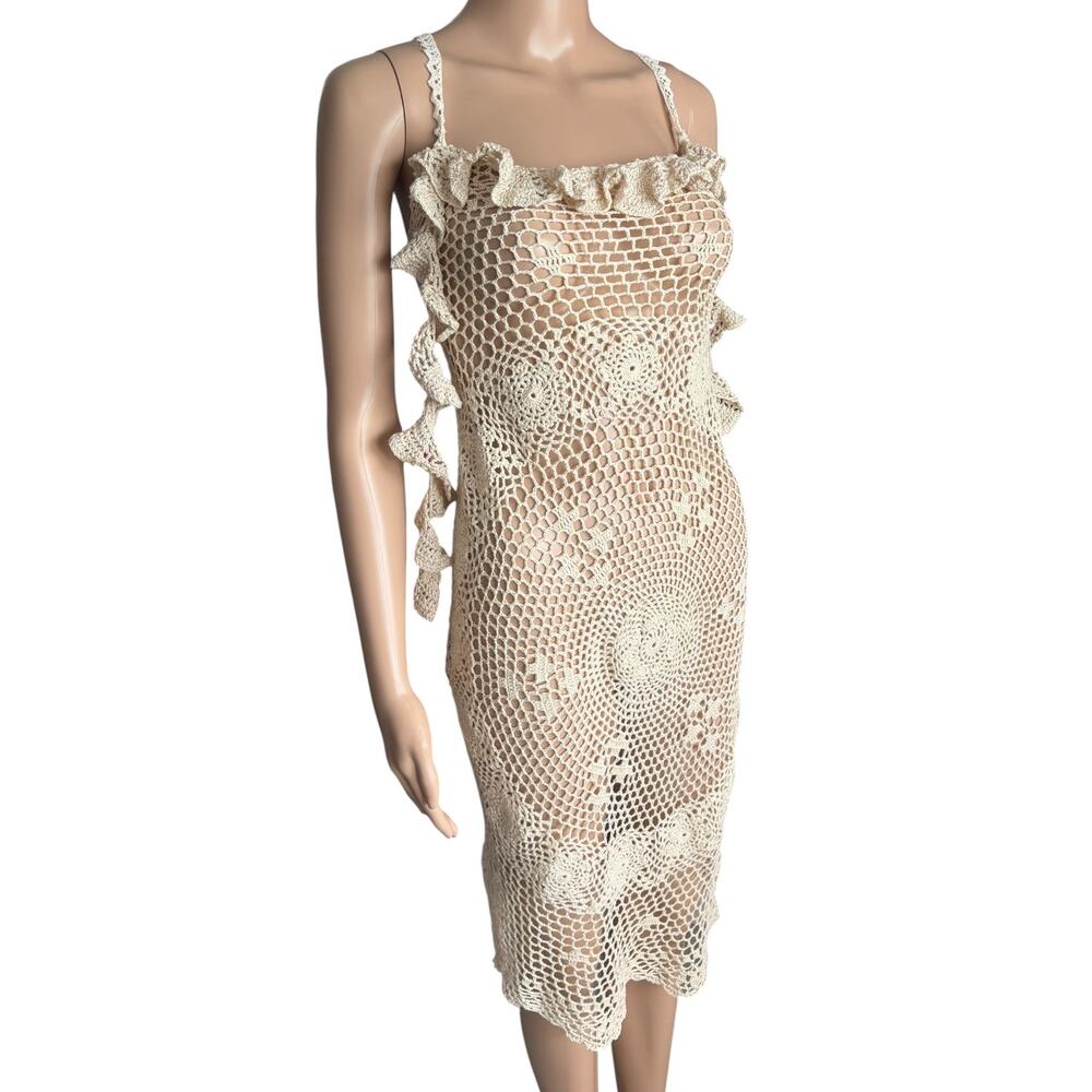 Upcycled Coastal Crochet Doily Sheer Dress Lace Up Back Boho Coastal Festival S - Picture 3 of 8